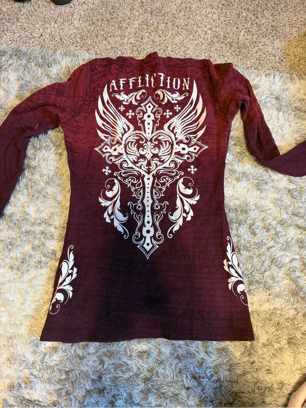 Affliction Women's Burgundy Long Sleeve Graphic Scoop Tee with White Wing Design - Picture 3 of 3